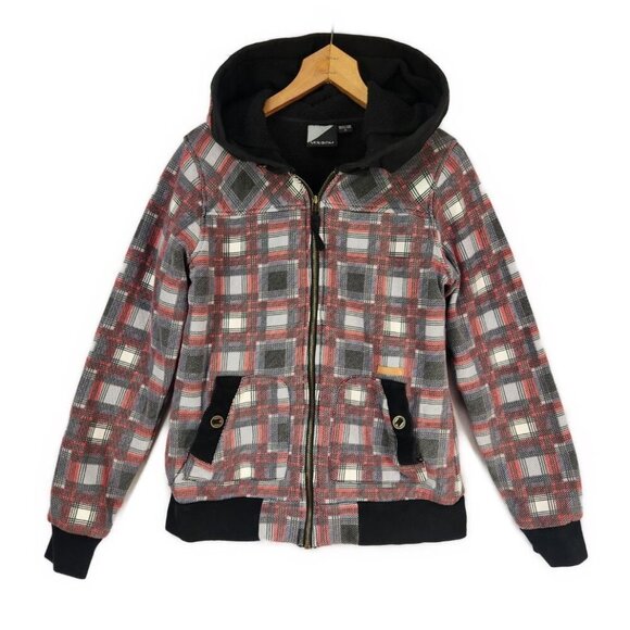Volcom Zip Up Hoodie Women's Med Plaid Fleece Lined Red Black Street Wear Heavy - Picture 1 of 7